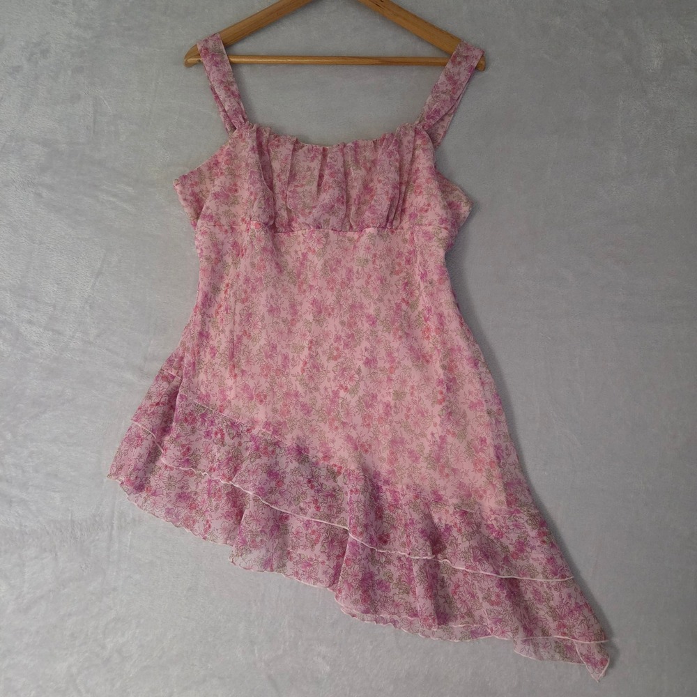 Vintage Y2K Pink Floral Asymmetrical Handkerchief Hem Top L Fairycore Cottage